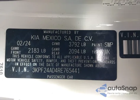 2024 Kia Forte Lxs из США, поврежденный, VIN 3KPF24AD4RE765441